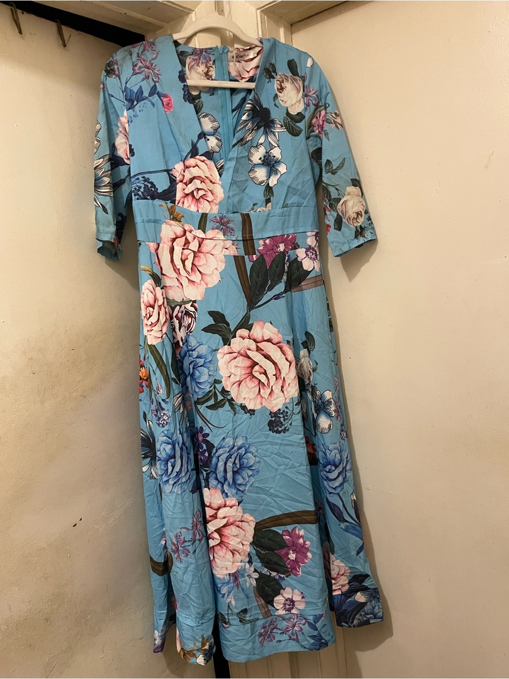 Blue Floral Midi Dress 3/4 Sleeve A-Line Fit & Flare Size XXL Please Read